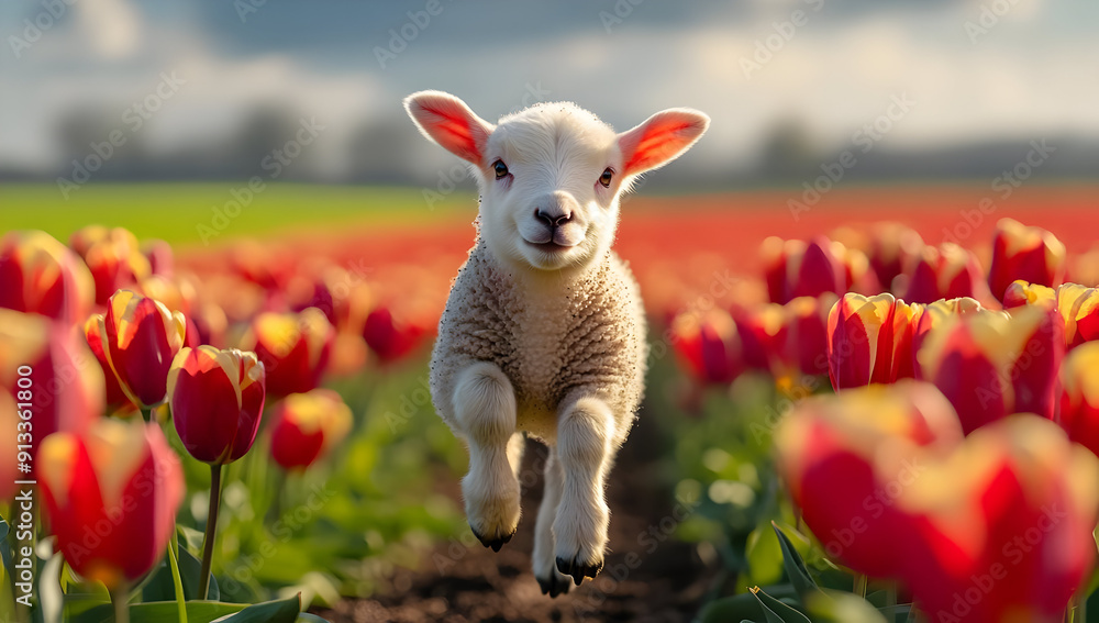 A playful lamb joyfully running through vibrant tulip fields under a bright sky, capturing the essence of springtime beauty. A playful lamb joyfully running through vibrant tulip fields under a bright sky, capturing the essence of springtime beauty.