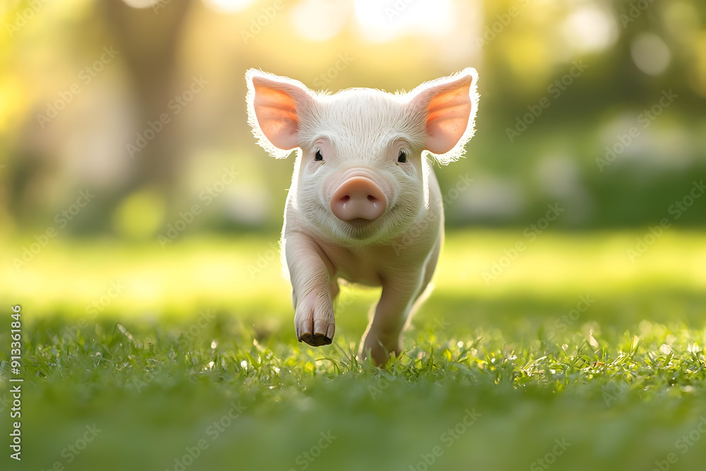 A playful piglet running joyfully in a lush green field, capturing the essence of farm life and nature's tranquility. A playful piglet running joyfully in a lush green field, capturing the essence of farm life and nature's tranquility.