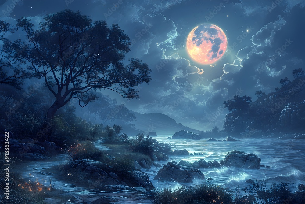 Enchanting Moonlit Forest with Mysterious Glow and Shadows