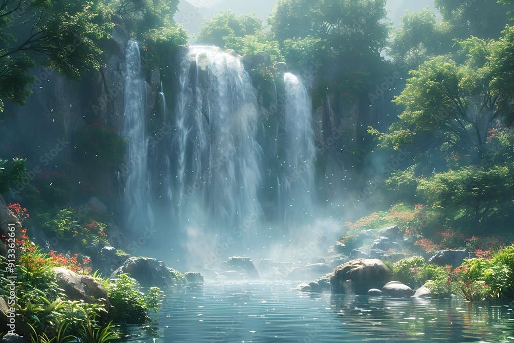 Serene Misty Waterfall Cascading into Tranquil Natural Pool Surrounded by Lush Greenery