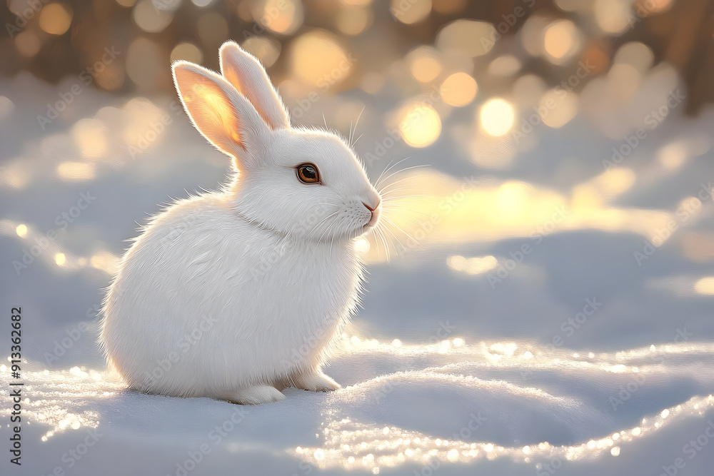A serene white rabbit sitting gracefully in soft snow, illuminated by gentle sunlight and shimmering bokeh effects in the background. A serene white rabbit sitting gracefully in soft snow, illuminated by gentle sunlight and shimmering bokeh effects in the background.