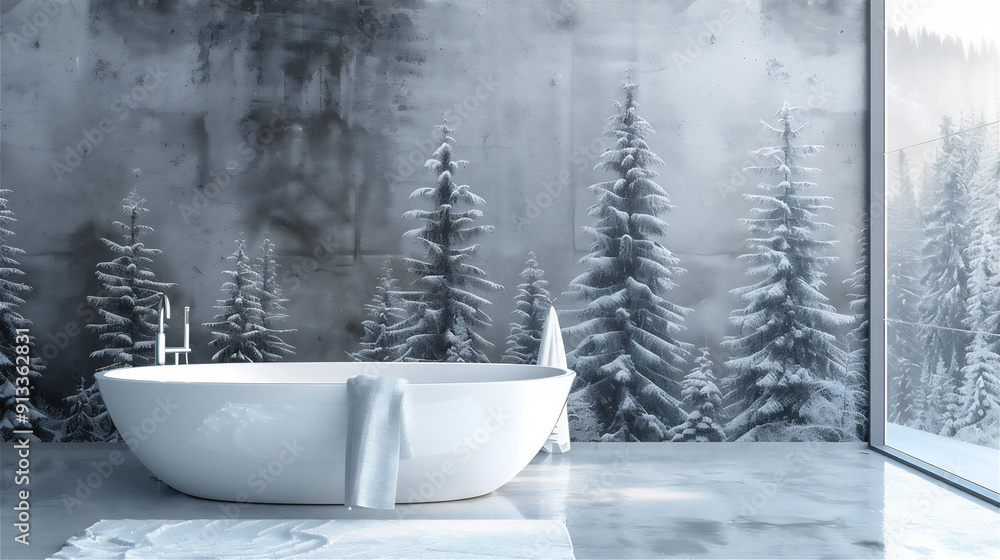 Luxury bathroom Interior with winter forest theme Luxury bathroom Interior with winter forest theme