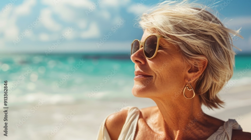 A woman with gray hair and sunglasses looks off to the side, enjoying a day at the beach. A woman with gray hair and sunglasses looks off to the side, enjoying a day at the beach.