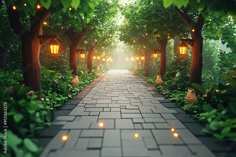 Obraz premium Enchanted Forest Pathway with Lanterns