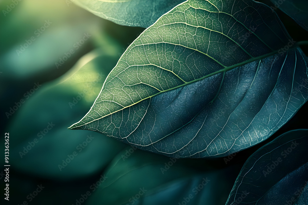 Obraz premium Close-up of a single green leaf, showcasing intricate textures and vibrant colors, highlighting nature's beauty and detail.