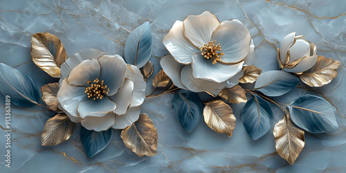 Elegant floral design featuring intricate blue and gold flowers, perfect for home decor, wallpaper, or fashion backgrounds.