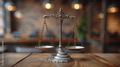 A close-up of a scales of justice on a wooden table with a brick wall background.