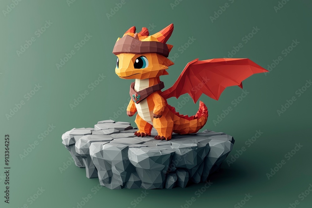 Obraz premium Low Poly Dragon Illustration on Rock Platform
