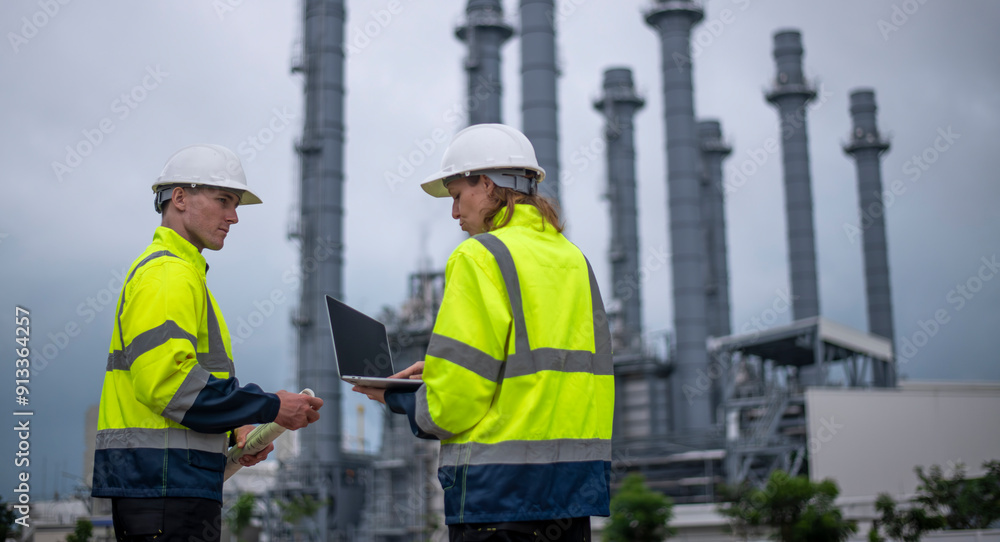 Engineers wearing safety gear, including hard hats examining survey a large blueprint tablet standing industrial facility gas or oil refinery engaged in a job requires high safety standards concept. Engineers wearing safety gear, including hard hats examining survey a large blueprint tablet standing industrial facility gas or oil refinery engaged in a job requires high safety standards concept.