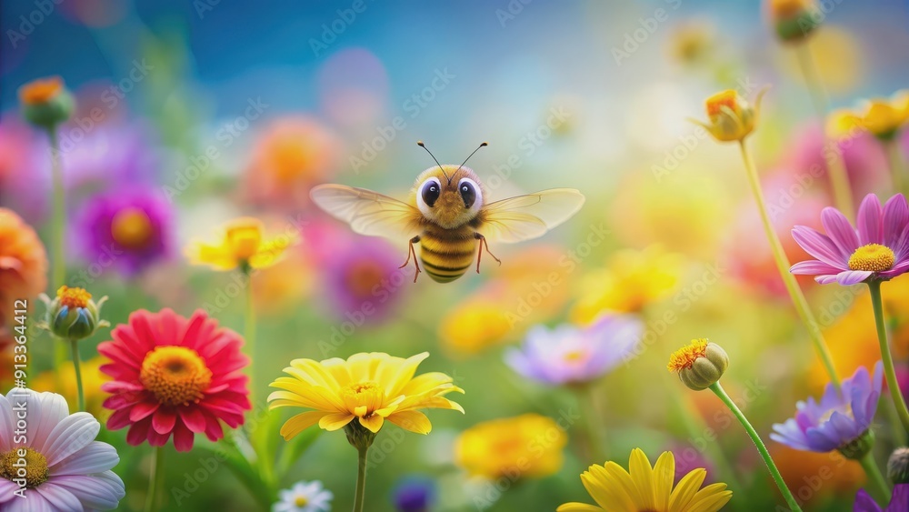 Smiling and joyful little bee flying in a colorful flower field, bee, happy, cheerful, small, flying, field, flowers Smiling and joyful little bee flying in a colorful flower field, bee, happy, cheerful, small, flying, field, flowers