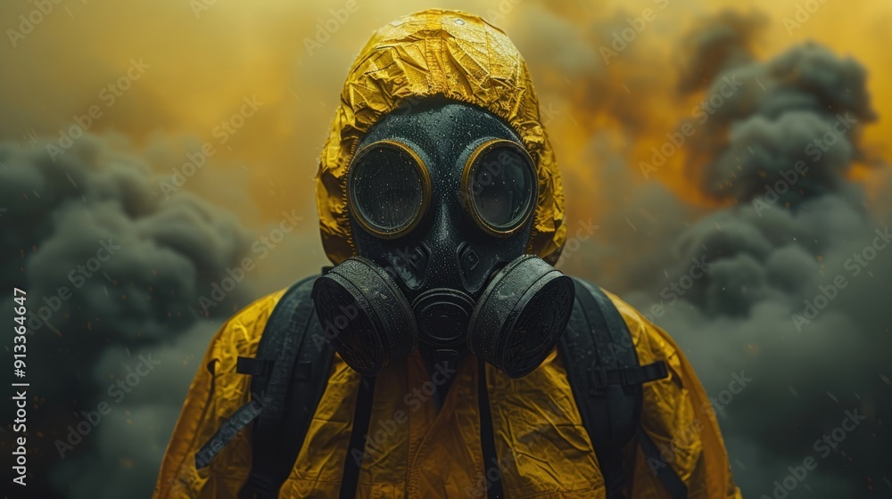 A man in a yellow protective suit, wearing a gas mask, stands against a background of thick smog. A man in a yellow protective suit, wearing a gas mask, stands against a background of thick smog.