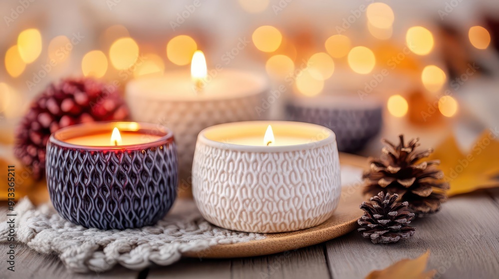Seasonal candles, vibrant colors, cozy setting, close-up, inviting Seasonal candles, vibrant colors, cozy setting, close-up, inviting
