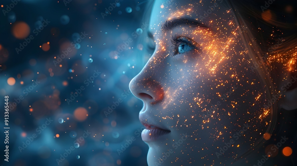 Ethereal Futuristic Glowing Cyborg Face in AI-Driven Digital Transformation Ethereal Futuristic Glowing Cyborg Face in AI-Driven Digital Transformation