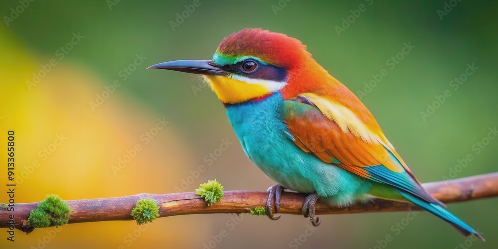 Fototapeta premium Beautiful close-up photo of a colorful bird perched on a branch, avian, feathers, wildlife, plumage, beak, nature, animal, wing