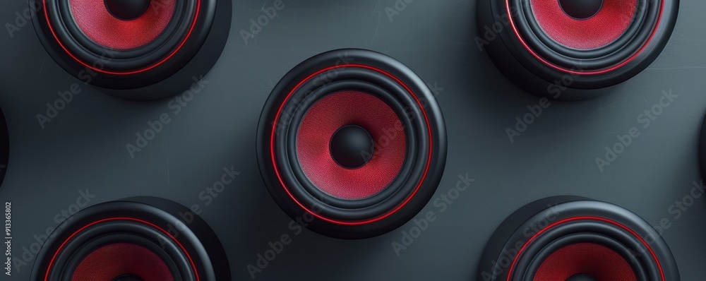 Close-up of multiple black and red speakers arranged on a surface, showcasing sound technology and modern design. Close-up of multiple black and red speakers arranged on a surface, showcasing sound technology and modern design.