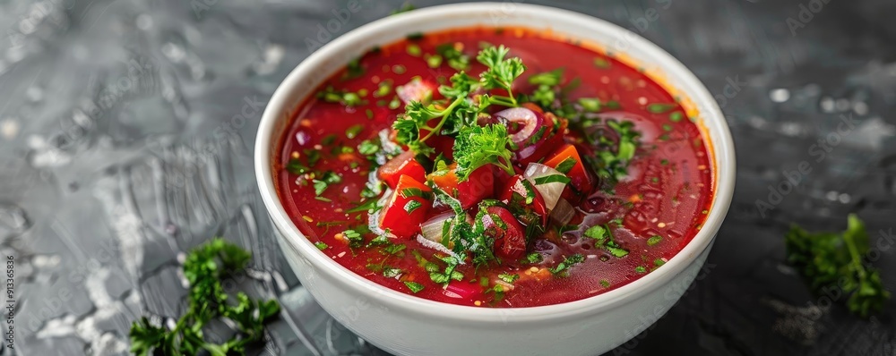 Delicious and vibrant soup garnished with fresh herbs and vegetables, perfect for any meal or culinary presentation. Delicious and vibrant soup garnished with fresh herbs and vegetables, perfect for any meal or culinary presentation.