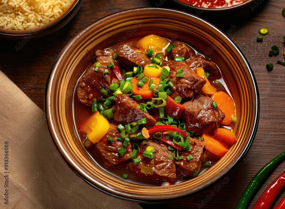 A vibrant bowl of beef stew with colorful vegetables and herbs, perfect for showcasing hearty culinary delights. A vibrant bowl of beef stew with colorful vegetables and herbs, perfect for showcasing hearty culinary delights.