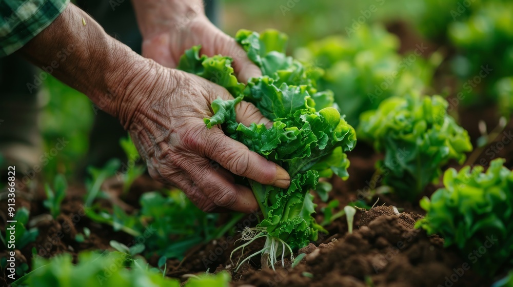 Farmer close-up holding and picking up green lettuce salad leaves with roots Farmer close-up holding and picking up green lettuce salad leaves with roots
