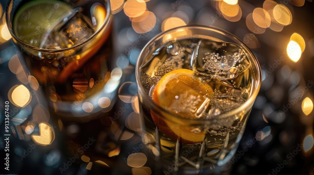 Crisp cocktails with ice and citrus, illuminated by warm bokeh lights for a cozy and inviting ambiance. Crisp cocktails with ice and citrus, illuminated by warm bokeh lights for a cozy and inviting ambiance.