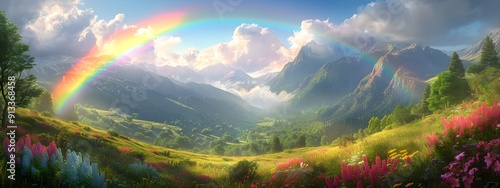 Mountain with colorful rainbow in cloudy sky over field. Nature landscape after storm. Spring morning. St Patrick Day holiday symbol. Background for design card, invitation, banner, poster