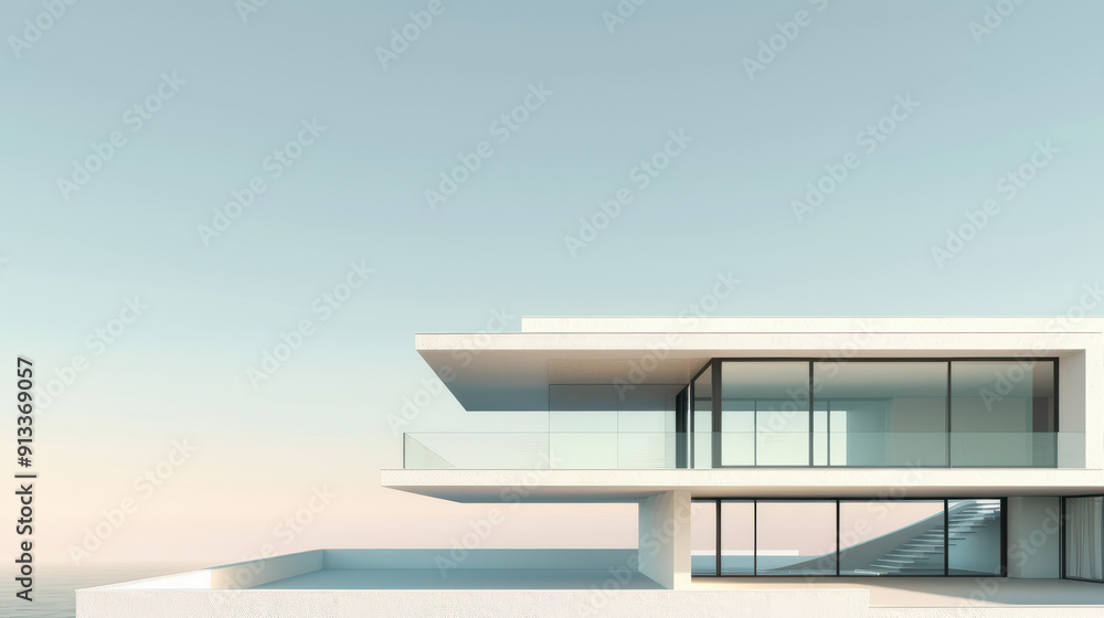 Modern architecture with a pool, concrete and glass facade, minimalist style design, blue skies, 3D rendering Modern architecture with a pool, concrete and glass facade, minimalist style design, blue skies, 3D rendering