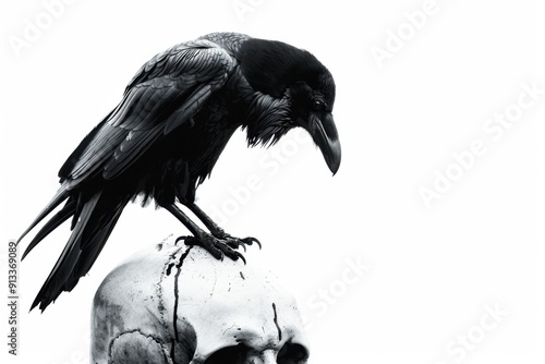 Serene scene of a raven perched on a skull in neutral hues