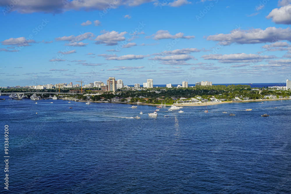 View of the Miami port, is magnificent buildings, cruise ships and the container Crain park View of the Miami port, is magnificent buildings, cruise ships and the container Crain park