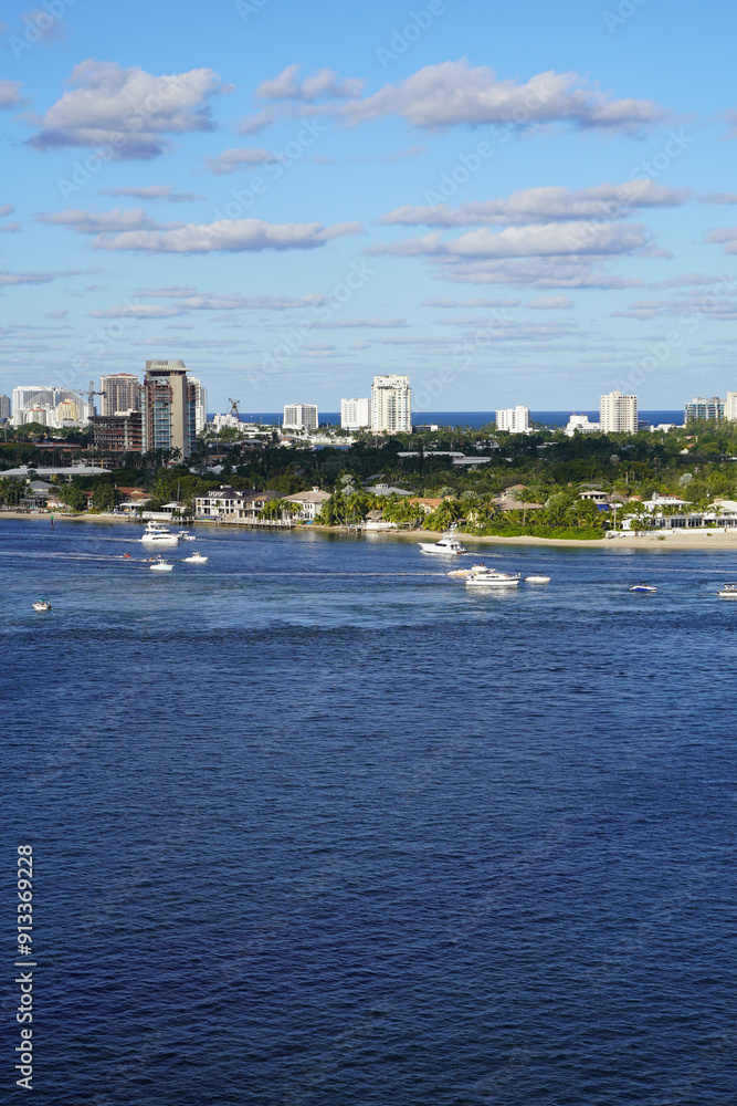 View of the Miami port, is magnificent buildings, cruise ships and the container Crain park View of the Miami port, is magnificent buildings, cruise ships and the container Crain park