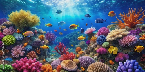 Fototapeta Naklejka Na Ścianę i Meble -  Vibrant underwater coral reef teeming with colorful sea life, coral reef, underwater, vibrant, colorful, marine life, fish
