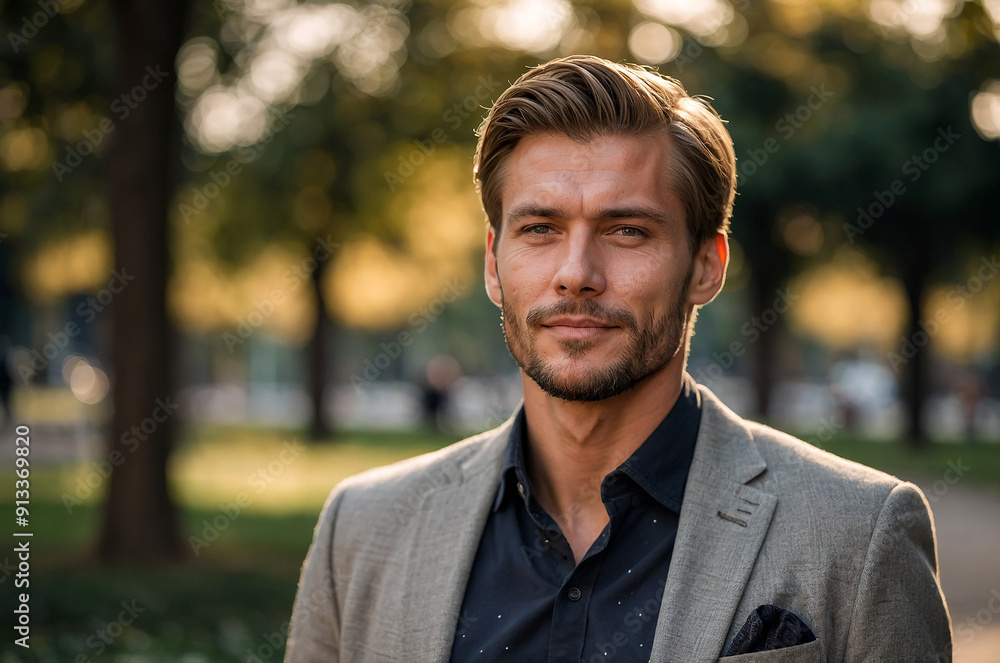 Handsome 38 year old German man in a casual suit in the park Handsome 38 year old German man in a casual suit in the park