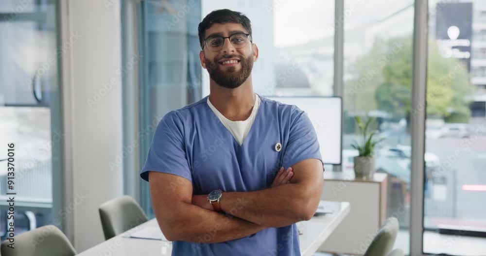 Face, man or nurse with pride in healthcare, medical support and about us with smile. Clinic, male surgeon and arms crossed for professional career, consulting and helping for wellness in Canada Face, man or nurse with pride in healthcare, medical support and about us with smile. Clinic, male surgeon and arms crossed for professional career, consulting and helping for wellness in Canada