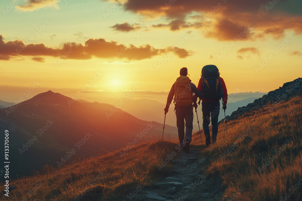 Hiker helping friend reach the mountain with sunset background, walking together.
