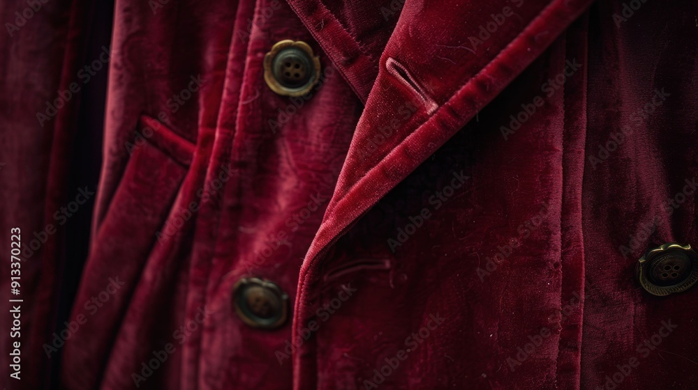 Elegant red velvet coat with decorative buttons for fashion and beauty editorial shoot