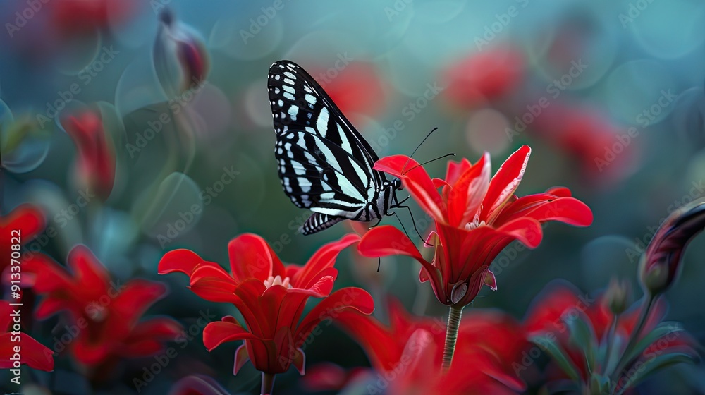 Butterfly on Red Flowers with Blurred Background Butterfly on Red Flowers with Blurred Background