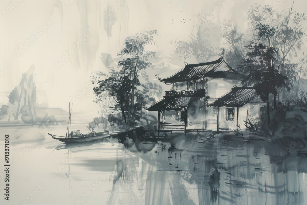 Traditional monochrome oriental ink painting, Landscape with old house, tree and boat on the river. Traditional monochrome oriental ink painting, Landscape with old house, tree and boat on the river.
