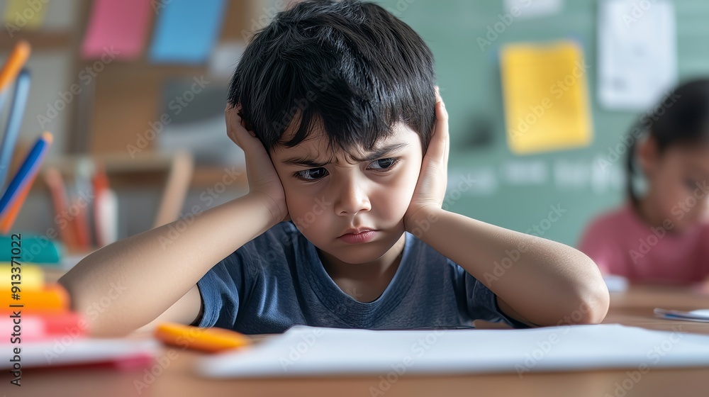 Young Boy Showing Frustration While Doing Homework in Class Young Boy Showing Frustration While Doing Homework in Class