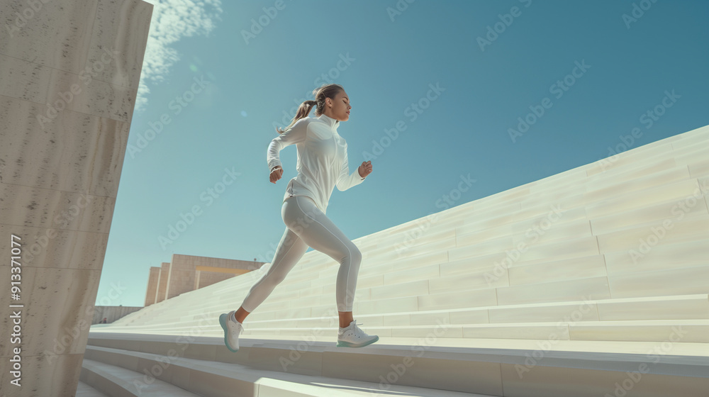 Attractive athletic sporty woman running. Woman wearing fashion white sport wear Attractive athletic sporty woman running. Woman wearing fashion white sport wear