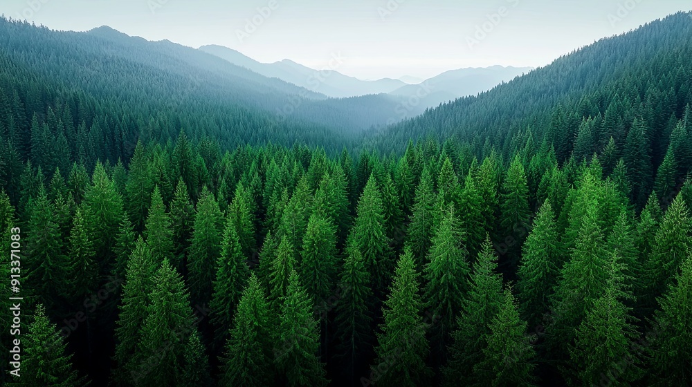 Fototapeta premium Sunset casting a warm glow on a dense evergreen forest, highlighting the timber textures Copy space