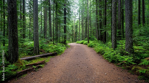 Sun-dappled forest floor in a wooded area with lush evergreen trees and scattered timber Copy space