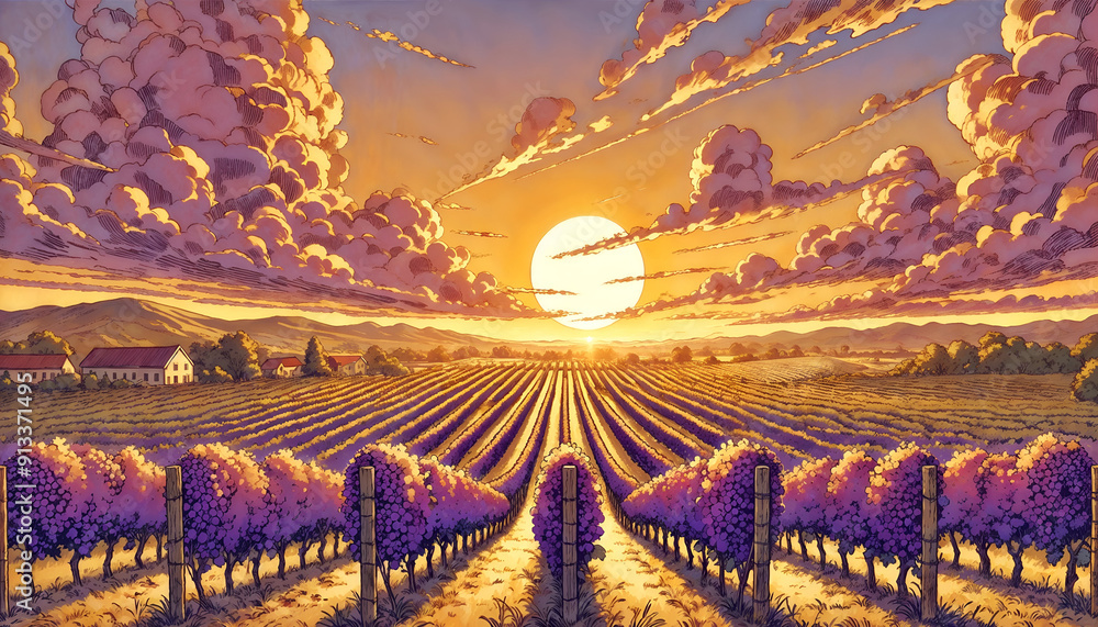 Naklejka premium Serene Anime Vineyard Landscape at Sunset with Vibrant Colors Fantasy Background, Wall Art, 4K Wallpaper, Frame TV Art