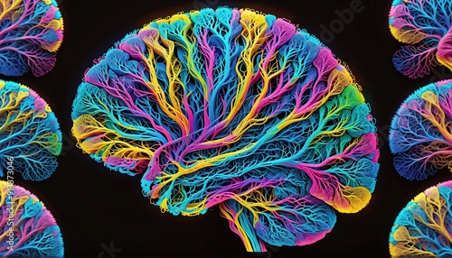 Tractografia del cerebro, donde se observan en tonos neón todos los haces de fibras de cada uno de los hemisferios cerebrales. Colorido, apasionante, divertido. Neurociencias.  photo