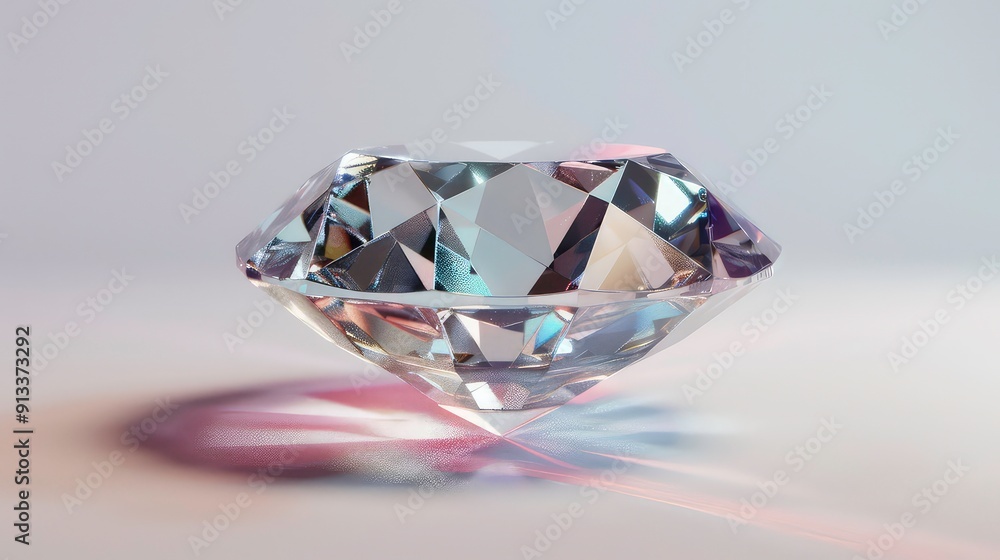 A single, large, clear diamond with many facets, casting a subtle shadow on a light grey background. A single, large, clear diamond with many facets, casting a subtle shadow on a light grey background.