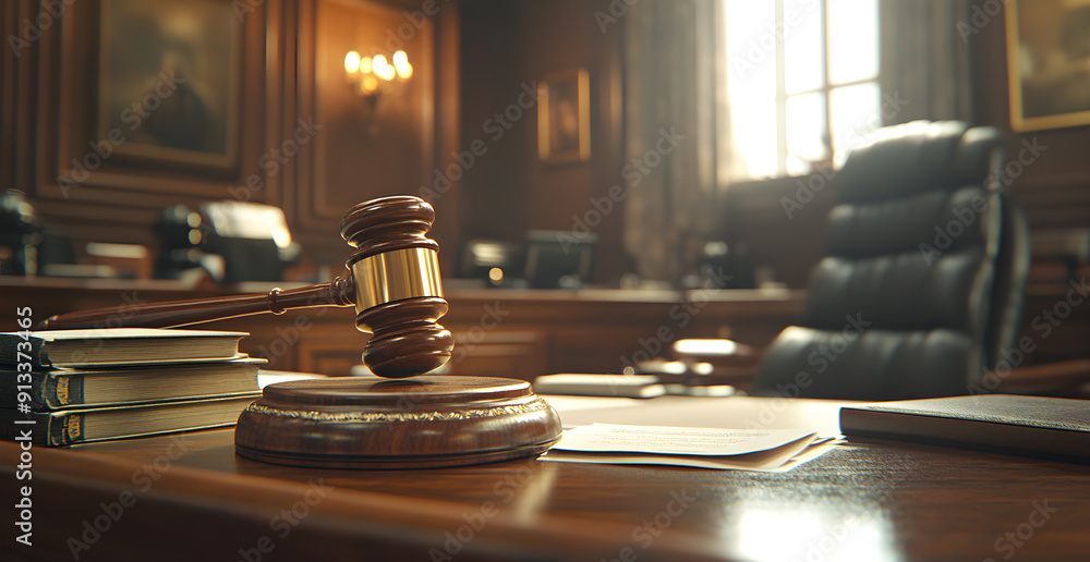 A wooden desk with a gavel and a stack of books on it A wooden desk with a gavel and a stack of books on it