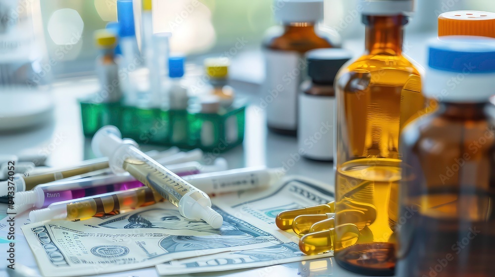 Two bottles of medication are displayed on a glass table surrounded by stacks of money, pills, and other bottles. Two bottles of medication are displayed on a glass table surrounded by stacks of money, pills, and other bottles.