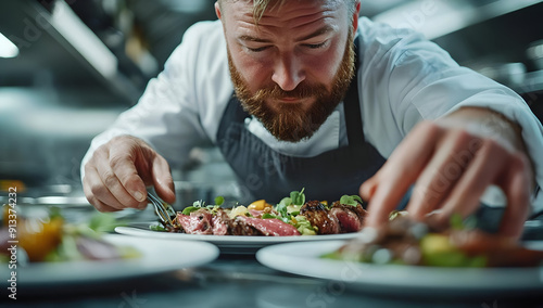 A chef meticulously plating gourmet dishes in a modern kitchen, showcasing culinary art and attention to detail.