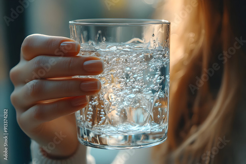 A close-up of a hand holding a glass filled with sparkling water, capturing the refreshing sensation and bubbly texture.