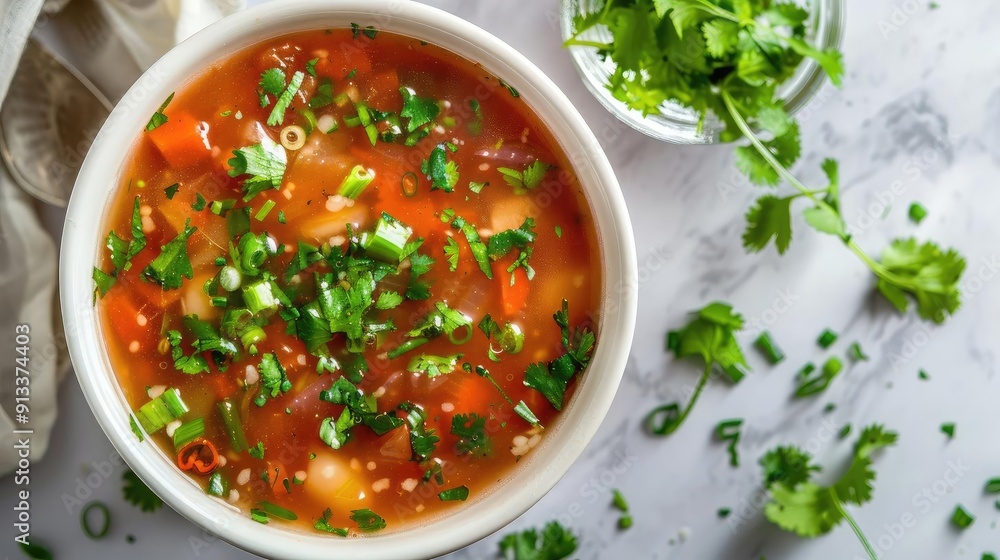 A vibrant bowl of fresh tomato soup garnished with chopped herbs. Perfect for comfort food lovers and healthy eating. A vibrant bowl of fresh tomato soup garnished with chopped herbs. Perfect for comfort food lovers and healthy eating.