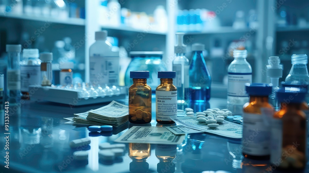 Two bottles of medication are displayed on a glass table surrounded by stacks of money, pills, and other bottles. Two bottles of medication are displayed on a glass table surrounded by stacks of money, pills, and other bottles.