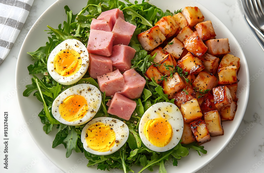 A delicious breakfast plate featuring eggs, ham, and crispy potatoes served on a bed of fresh arugula. A delicious breakfast plate featuring eggs, ham, and crispy potatoes served on a bed of fresh arugula.