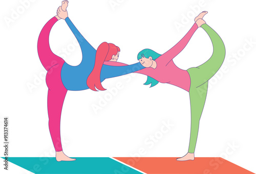 Two girls become yoga partners, doing yoga movements, with happy hearts